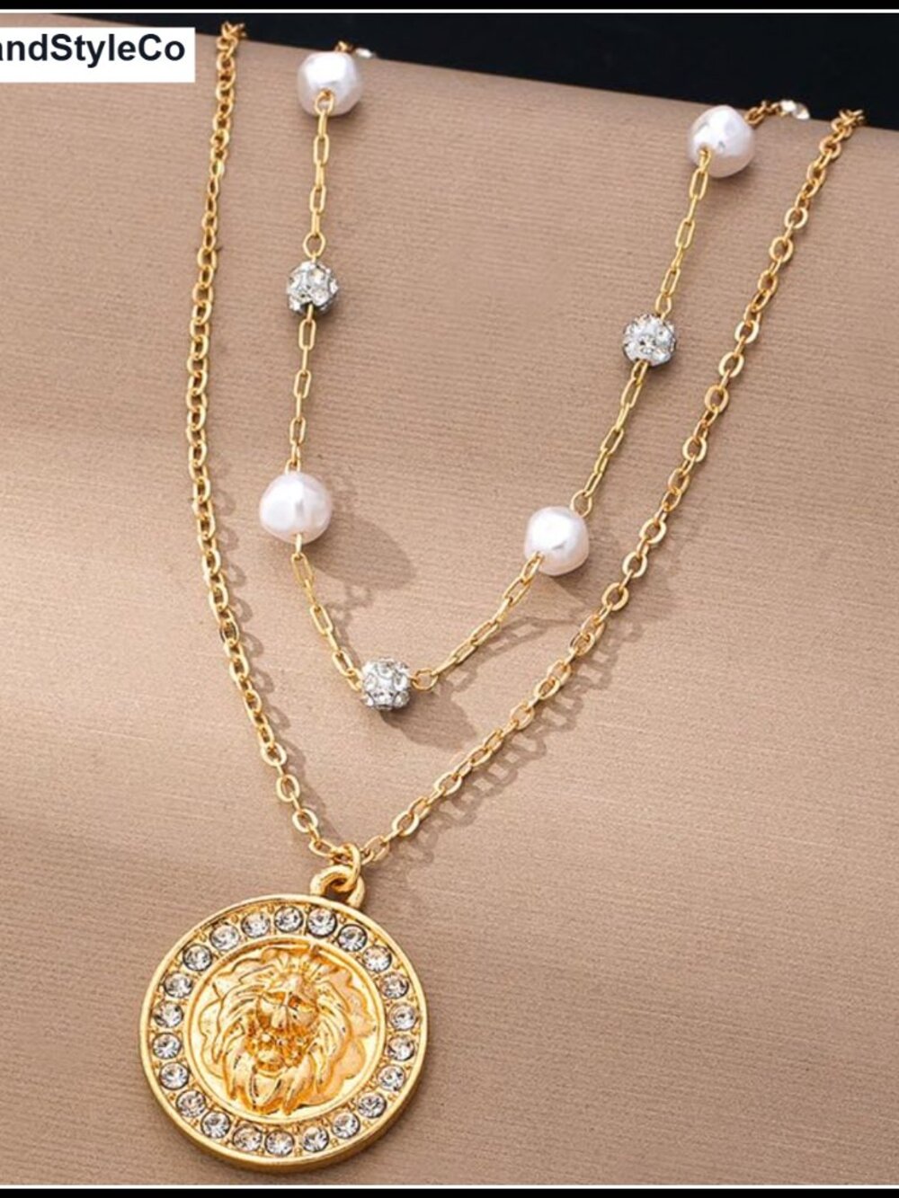 Layered Faux Pearl Rhinestone Lion Head Coin Pendant Necklace - Picture 4 of 5